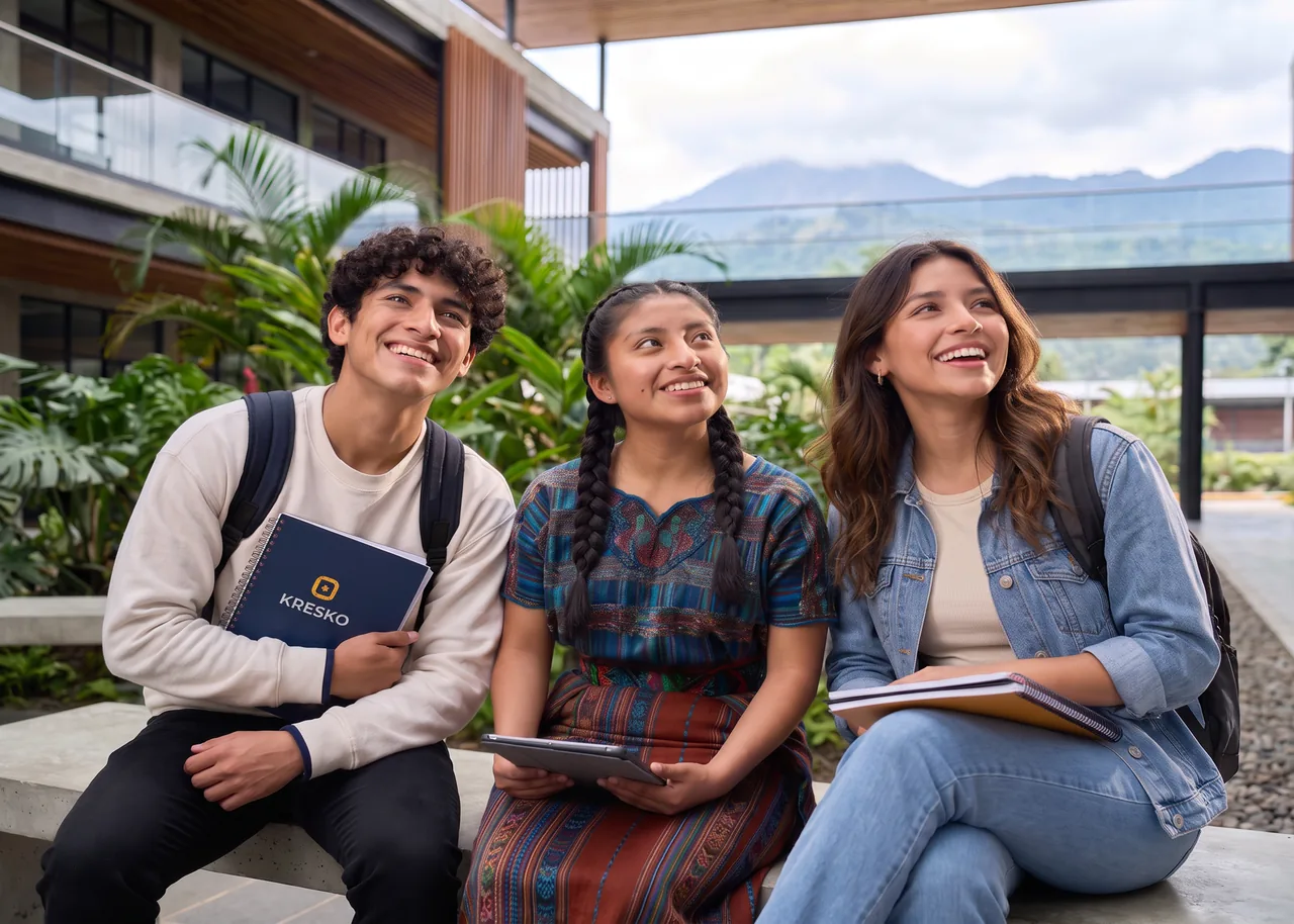 Tres estudiantes sonrientes con cuadernos y mochilas, sentados al aire libre con montañas al fondo