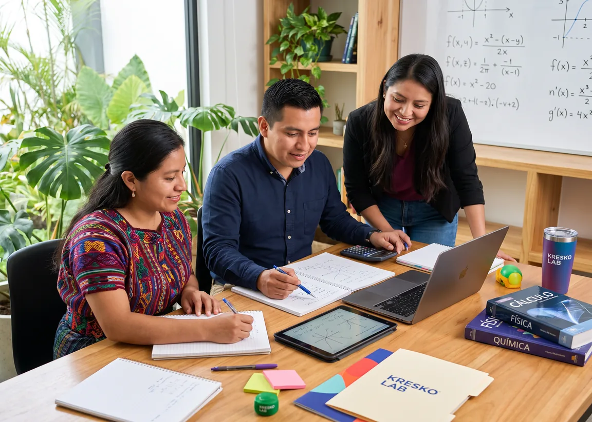 Tres personas preparan una clase en una mesa con cuadernos, una tableta y una laptop