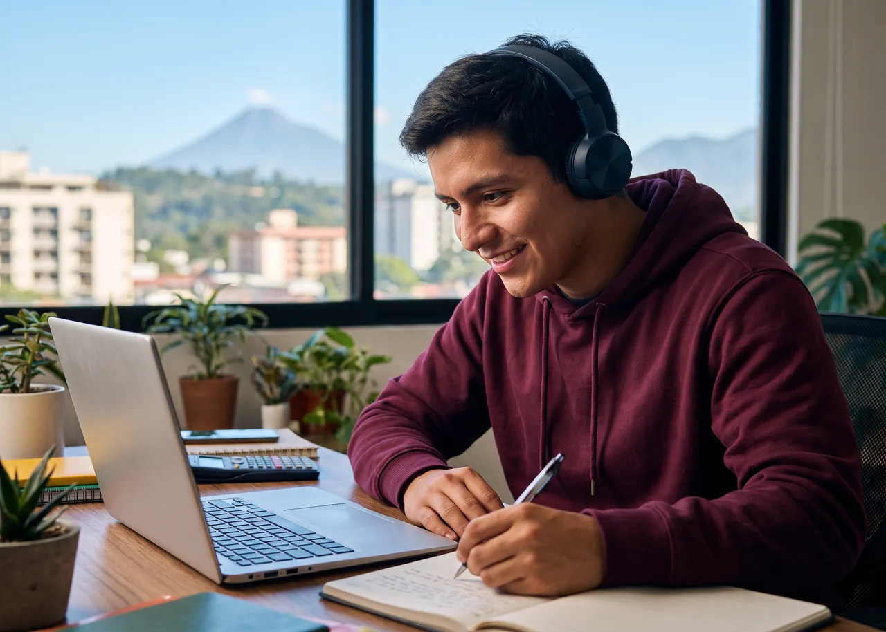 Estudiante con audífonos tomando notas frente a su laptop, junto a una ventana con vista a un volcán
