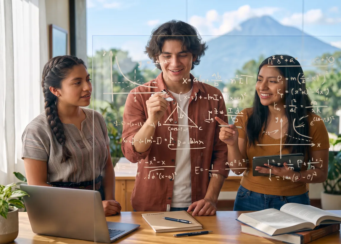 Tres estudiantes sonríen mientras uno traza fórmulas y figuras de matemática sobre un vidrio, con un volcán al fondo
